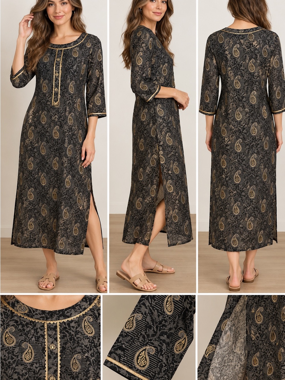 Black Gold Paisley Artisan Tunic Dress Handmade Look Long 3/4 Sleeve size L